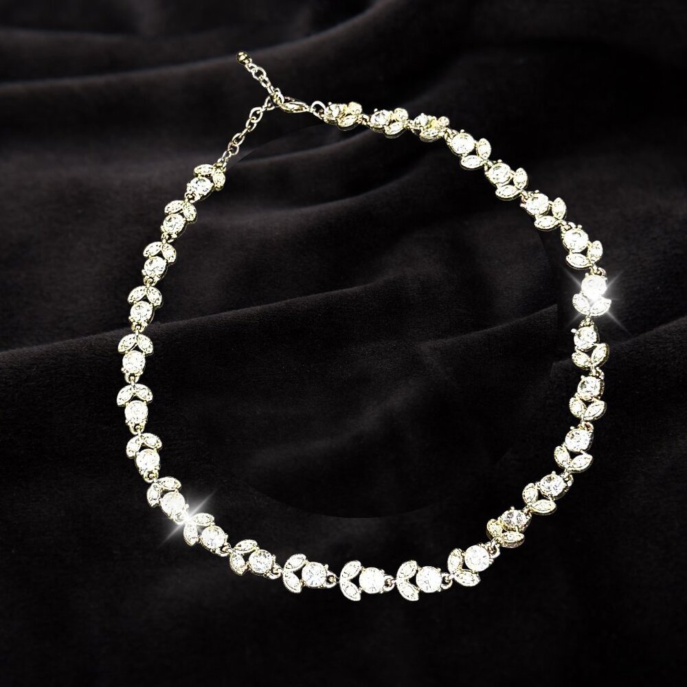 Crystal Silver Rhinestone Flower Necklace, Holiday Bling, Vintage, Elegant Gift